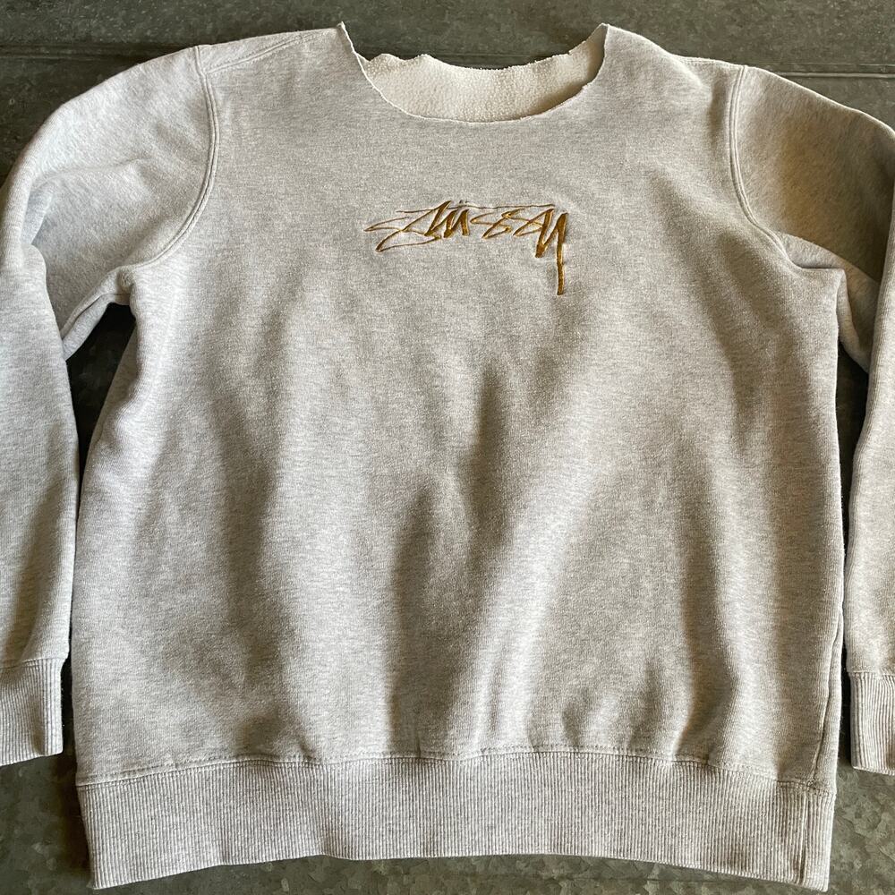 Stussy Gold Embroidered Logo Sweatshirt Gray Small Vintage 90s Y2K Surf Skate